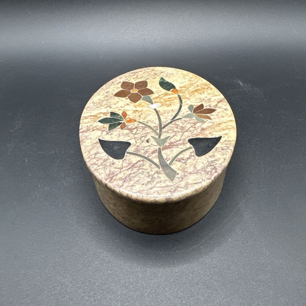 Vintage Soapstone OVAL Trinket Box with inlay on top Handmade in India